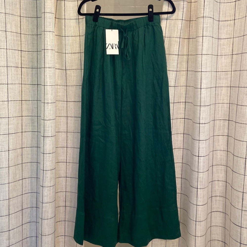 ZARA 100% Linen Palazzo Trousers M Dark Bottle Green Trousers ref 4786/090